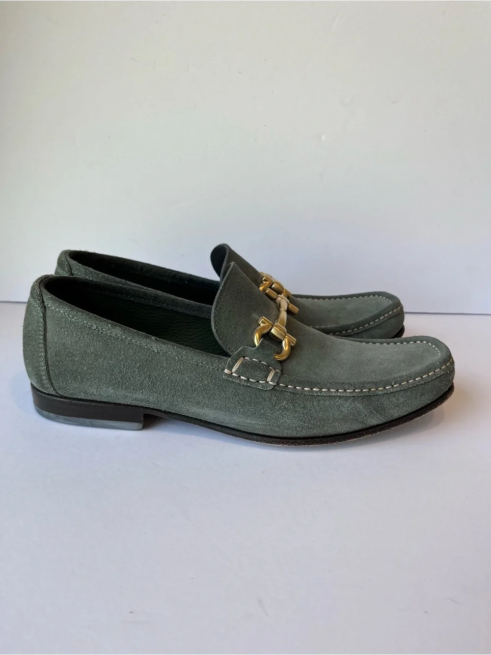 Salvatore Ferragamo Gancini Buckle Green Suede Loafers